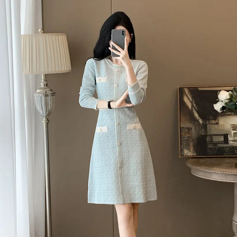 Pink Knitted Dress Women's Autumn New Round Neck High Waist Long Sleeve Slim Sweater A-line Small  Dress