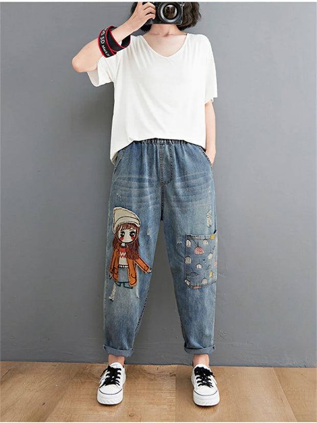 6537 Cartoon Litter Girl Embroidery Denim Pants For Women Trendy Hole Casual High Waist Breeches Pockets Mom Harem Blue Jeans