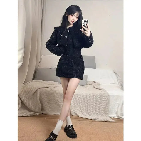 Korean Fashion Short Coat Autumn/Winter New Strap Camisole Dress Wrap Hip Slim Mini Dress Spicy Girl Two Piece Set Women Outfits