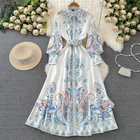 Vestidos Women Palace Retro Printing Dress Autumn And Winter Long Sleeve Elegant Single Breasted A-Line Shirts Dresses Robe