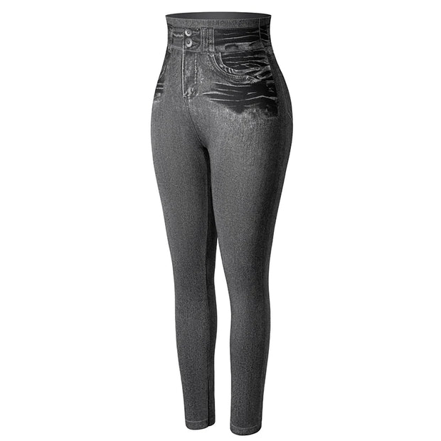 Push Up Seamless High Waist Faux Denim Leggings Women Casual Elastic Pocket Jeans Print Pants Skinny Pencil Leggins Mujer