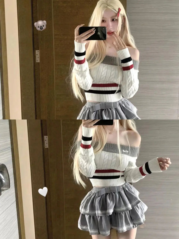 Vintage Academy Grey Splice Knitted One Shoulder Slim Spicy Girl Sweater Gray Short Skirt Spring Two Piece Set Women Outfits