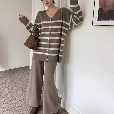 New In Spring Elegant 2-Piece Sets For Women Chic Stripe Sweater Cardigan Elastic Wide Leg Pants Sets Trend Casual Lady Outfit