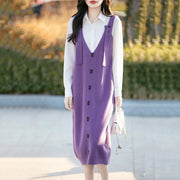 Spring and autumn knitted strap dress women's wool sweater fashion large size pullover strap skirt V-neck Chic button Long dress