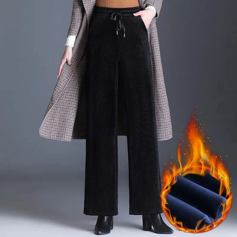 Winter Velvet Wide Leg Pants Women New Baggy Thicken Lace Up Straight Sweatpants Plush Liend Warm Pantalones High Wasit Spodnie