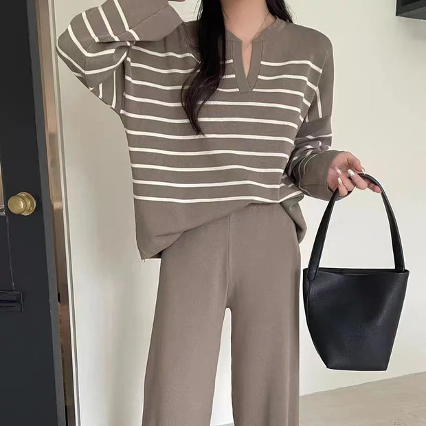 Women's Sweater Matching Set Winter New In Stripe Knit Pullover Long Sleeve Top Wide Leg Pants Set Casual Elegant Women's Sets