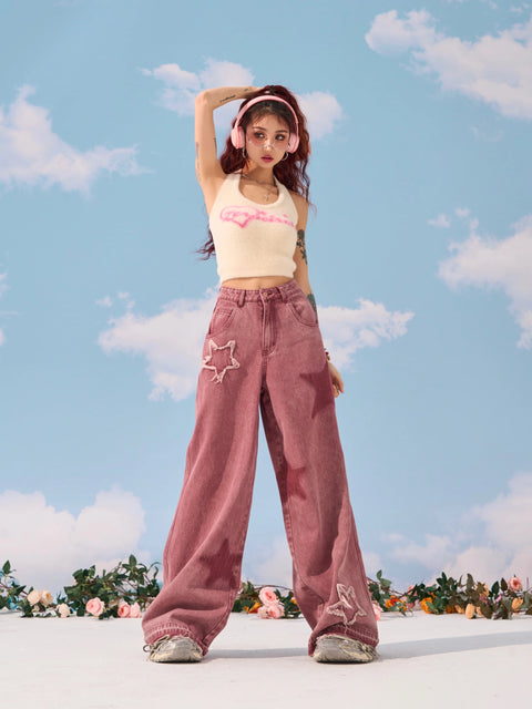 Pink Star Straight Leg Jeans Women's Summer Design Feel Y2K Loose and Slim Wide Leg Casual Pants