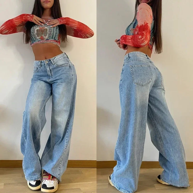 Wide-Leg Pants Hot Girl Loose Jeans Retro American Style Jeans Women Long Women High Waist Straight Denim Pants