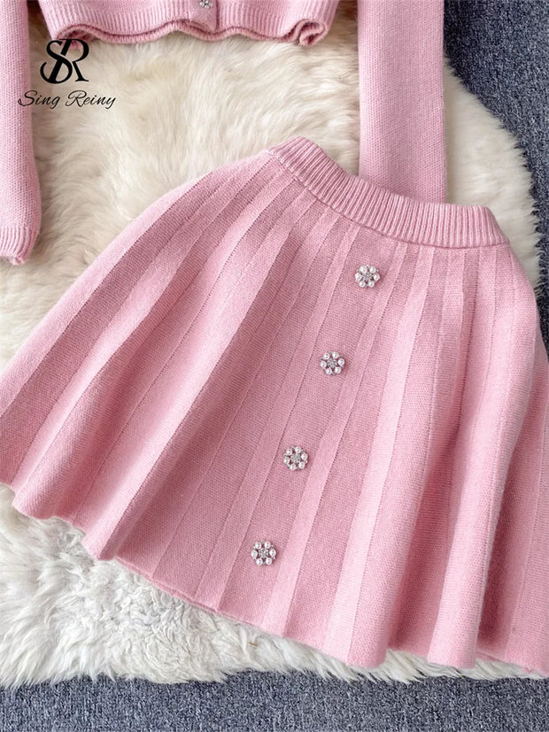 SINGREINY Japan Style Pearls Knit Suits Hidden Breasted Pockets Cardigan+Mini Pleated A Line Skirt Women Sweet Streetwear Sets