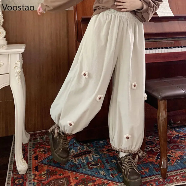 Japanese Sweet Flower Corduroy Wide Leg Casual Pants Women Vintage Cute Loose Trousers Girls Harajuku Sweatpants Kawaii Bloomers