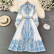 Vestidos Women Palace Retro Printing Dress Autumn And Winter Long Sleeve Elegant Single Breasted A-Line Shirts Dresses Robe