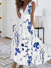 Summer V Neck Sleeveless Slim Sexy White Printing Casual Maxi Dresses Floral Elegant Party Holiday Long Dress Women