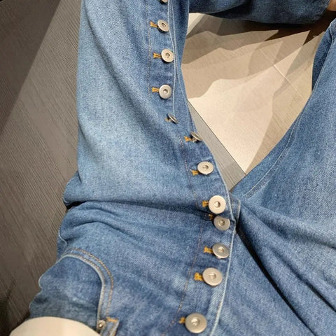 American Breasted Design Vintage Blue Wash Jeans Woman Y2K Streetwear Hip-hop Loose Casual Harajuku High Waist Straight Jeans