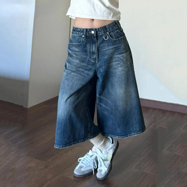 2024 Vintage Wash Whiskers Denim Shorts Women Low Rise Distressed Frayed Wide Leg Baggy Jeans Jorts Casual Summer Clothes