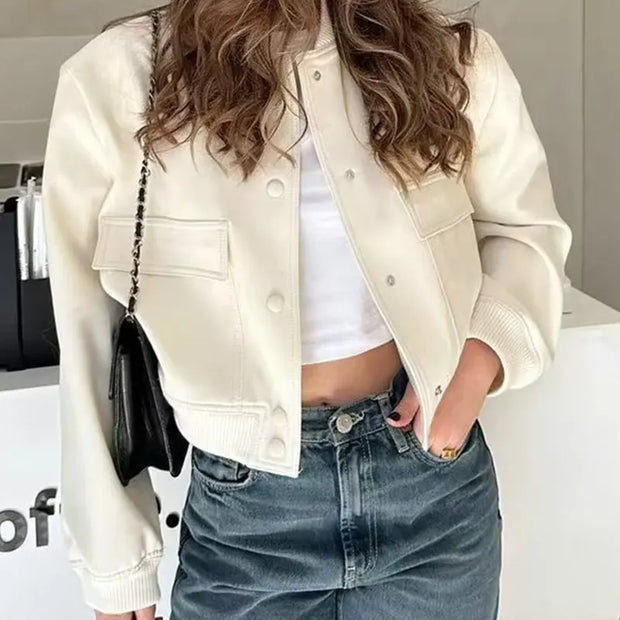 Solid Color Long Sleeve Women's Bomber Jacket Fashion Zipper Up Vintage Coat Tops Elegant Loose Basic Ladies Jackets