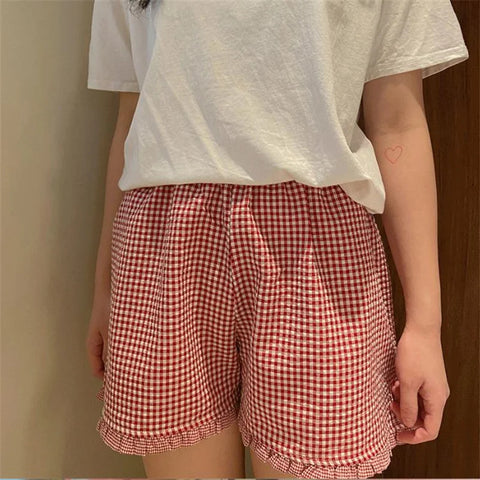 Y2k Womens Ruffle Lounge Shorts Plaid Gingham Print Casual Pajama Shorts Cute Striped Checkered Sleep Pj Bottom