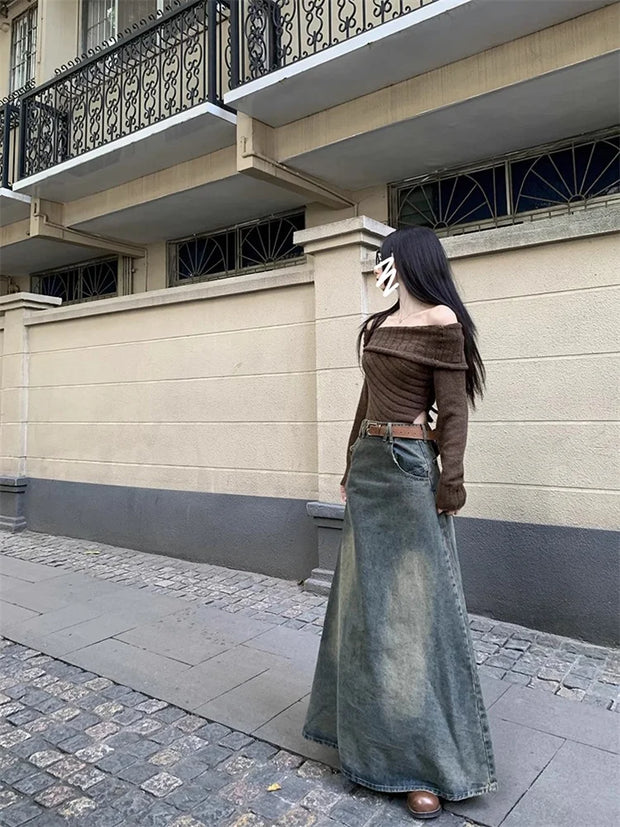 Women Korean Style A-Line Jean Skirt Denim Long Skirt Harajuku Y2k 2000s Vintage Skirts 90s Aesthetic Streetwear Fashion Clothes