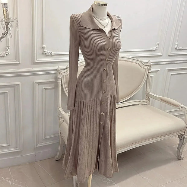 Retro Elegant Knitted Dress Women Long Sleeve Slim Single Breasted Bodycon Dresses Ladies Lapel Hollow Out Long Robe Vestidos