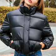 Jocoo Jolee Winter Thick Warm Cropped Puffer Jacket Women Black PU Leather Parkas Elegant Zipper Coat Cotton Padded Punk Outwear