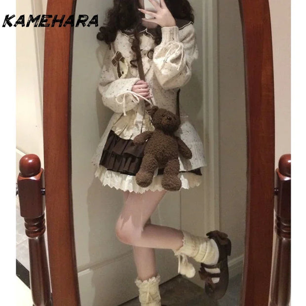 KAMEHARA French Lolita Set Cute Sweet Lapel Long Sleeved Shirt Mint Colored Sweater Short Skirt Spring Autumn 3 Piece Set Платье