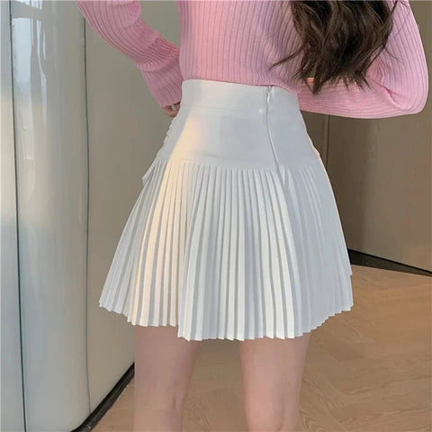 Summer White Pleated Skirts Sexy Casual Slim College Women High Waist Mini Metal Letter D Ontwerp A-lijn Korean Fashion Style