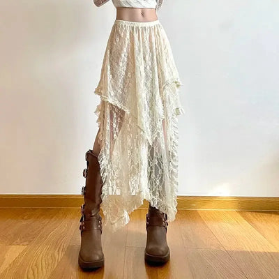 Lace Asymmetrical Skirt Fairycore Women Vintage Y2K Boho Aesthetic Fashion High Waist Mid Skirts Lady Holiday Outfits