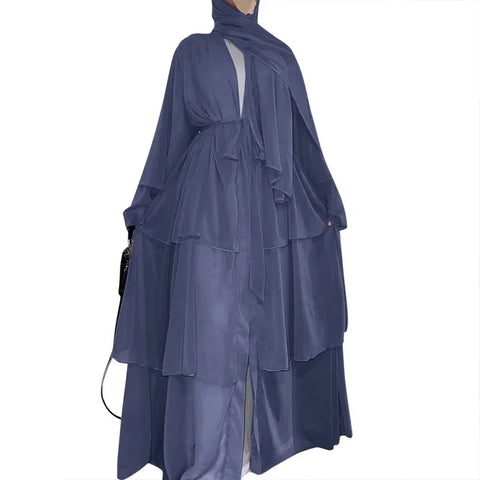 Muslim Open Kimono 3 Layer Abayas for Women Chiffon Dress Dubai Turkey Kebaya Cardigan Arab Robe Islamic Clothes Caftan Marocain