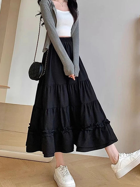 Jmprs Chic Ruffles Sweet Long Skirt Women Elegant High Waist Cake Skirts Korean Fashion Female Summer Casual White A Line Skirt