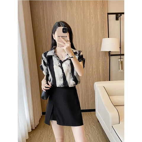 Summer 2024 New Fashion Temperament Printing Blouse Irregular High Waist A-line Skirt Two-piece Suit Femme Trend Matching Sets