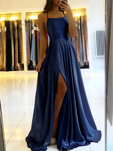 Ladies Blue A-line Long Satin Evening Dress For Women Simple Spaghetti Straps Sexy Slit Wedding Prom Party Gowns Vestidos