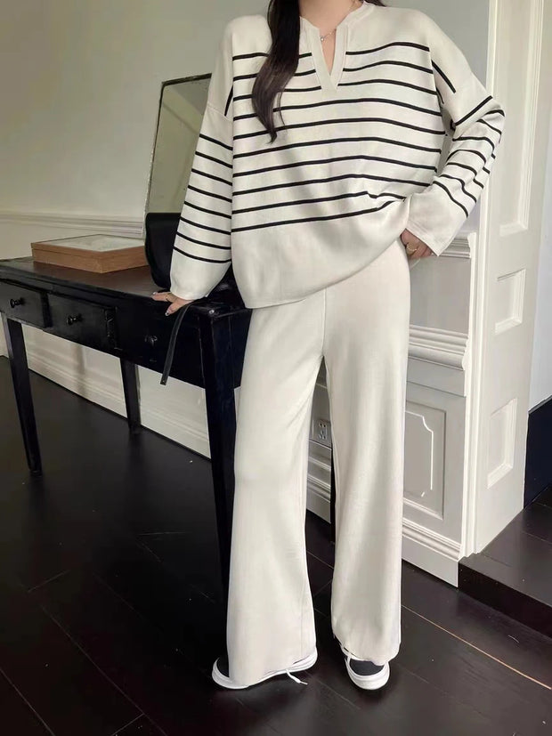 Women's Sweater Matching Set Winter New In Stripe Knit Pullover Long Sleeve Top Wide Leg Pants Set Casual Elegant Women's Sets