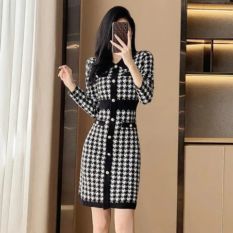 Pink Knitted Dress Women's Autumn New Round Neck High Waist Long Sleeve Slim Sweater A-line Small  Dress