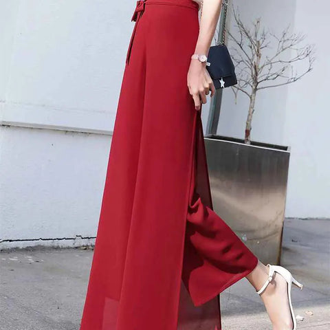 2024 Elegant Fashion Harajuku Slim Fit Female Clothes Loose Casual All Match Chiffon Wide Leg Pants High Waist Split Skirt Pants