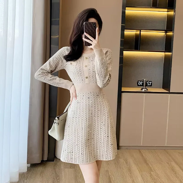 Pink Knitted Dress Women's Autumn New Round Neck High Waist Long Sleeve Slim Sweater A-line Small  Dress