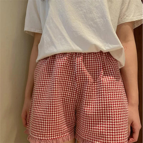 Y2k Womens Ruffle Lounge Shorts Plaid Gingham Print Casual Pajama Shorts Cute Striped Checkered Sleep Pj Bottom