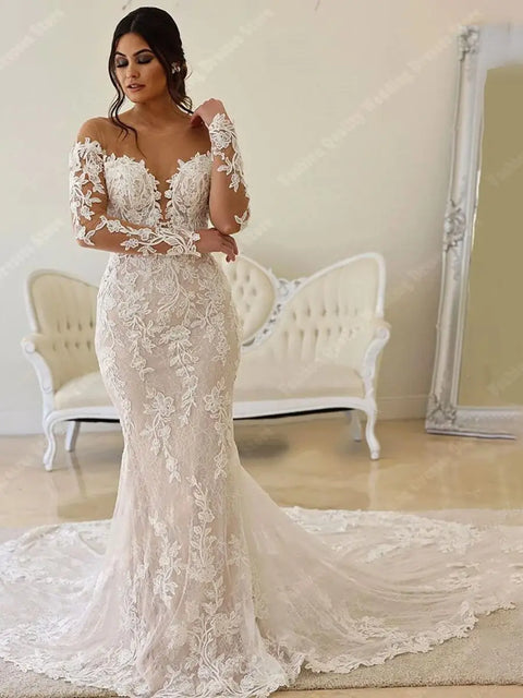 Deep-V Neck Wedding Dresses For Women 2024 Off Shoulder Lace Long Sleeves Mermaid Bridal Gowns Ball Vestidos De Novia Customized