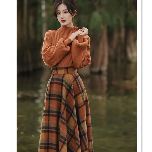 Women's Spring Autumn Vintage Plaid Long Skirts Sweater Two-Piece Set French Lady Graceful Knit Pullover High Waist Skirt Outfit