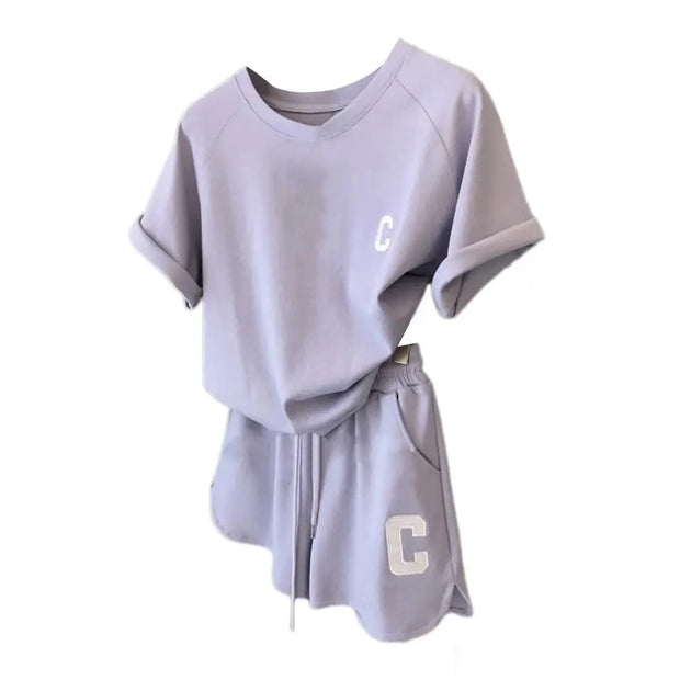 2 Pcs/Set Summer Women Tracksuit O Neck Letter Print Pure Color Short Sleeve T-shirt Drawstring Elastic Waist Shorts For Sport