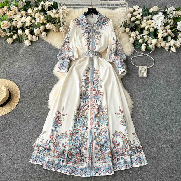 Vestidos Women Palace Retro Printing Dress Autumn And Winter Long Sleeve Elegant Single Breasted A-Line Shirts Dresses Robe