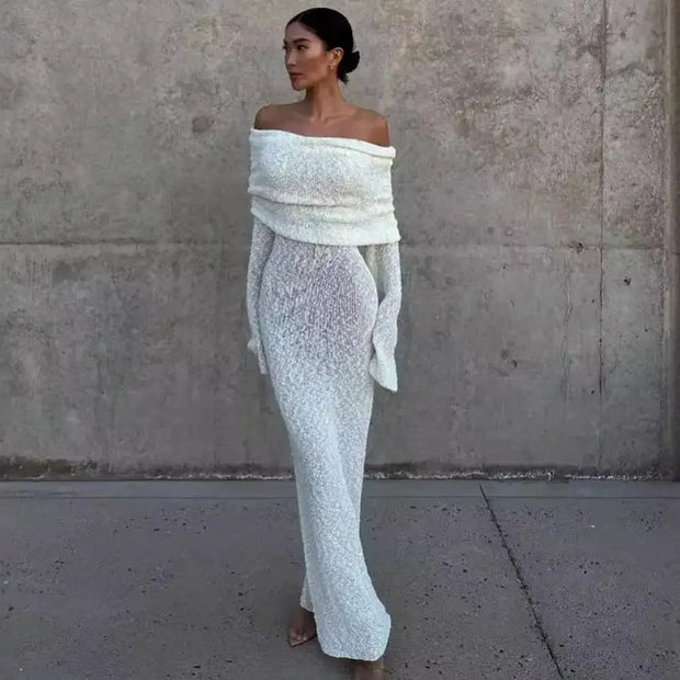 Long Sleeve Sexy Hollow Out Knitted Dresses Women Elegant Off Shoulder Knit Long Dress Party Evening See Through Robe Vestidos