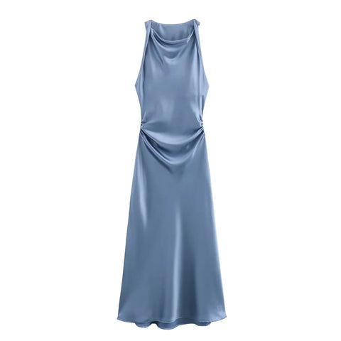 TRAF Satin Long Dresses for Women 2024 Summer Slip Midi Dress Woman Sexy Evening Party Dress Sleeveless Female Elegant Dresses