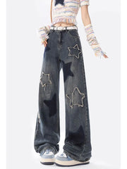 American Retro Jeans Five-point Star Raw Edge Splicing Loose Wide-leg Jeans Women Look Thin Trendy All-match Mopping Pants Women