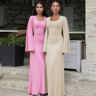 Elegant Knitted Maxi Dress For Women Fashion Solid Lace Up Long Sleeve Slim Dresses New Lady Commuting Robe Party Vestidos 2024