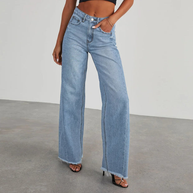 Spring Summer New Women's Clothing Solid Color Loose Wide Leg Side Seam Stitching Frayed Hem Jeans