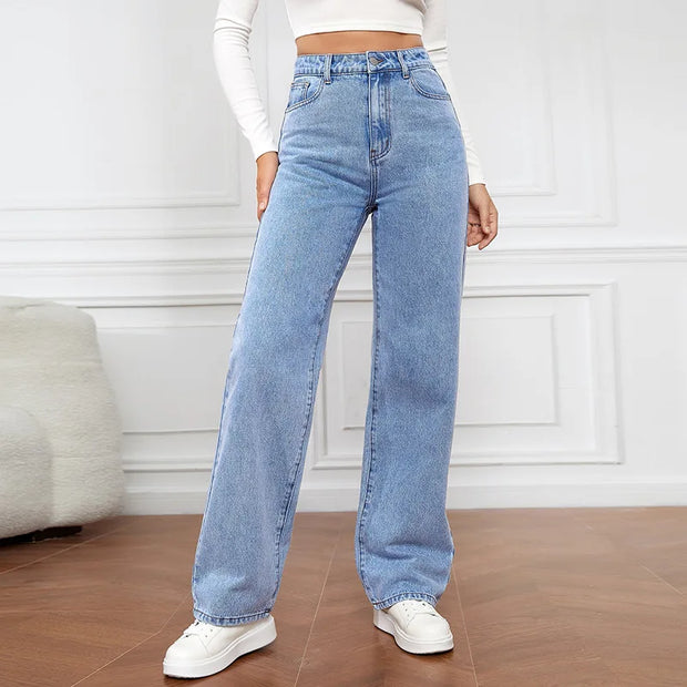 Straight High Waist Jeans Women 2024 New Leg Pockets Basics Ankle Length Pants Y2k Denim Trousers Vintage Blue Washed Jeans