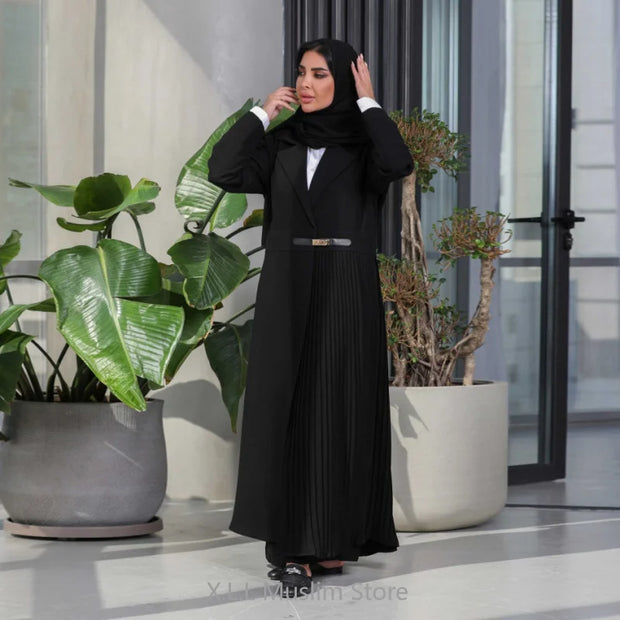 Abaya Dubai Luxury Middle East Elegant Arbian Abayas Black White Cardigan Kebaya Islamic Kaftan Pleated Leather Buttons Coat