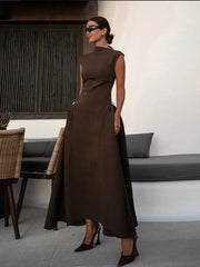 Women Elegant Brown Irregular Collar High Waist Long Dress Fashion Sleeveless Retract Waist A-line Dresses Lady New Party Robe