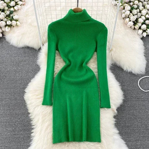 Elegant Turtleneck Long Sleeve Knit Bodycon Pencil Dress Slim Basic Fashion Sweater Vestido Sexy Women Autumn Winter Clothing