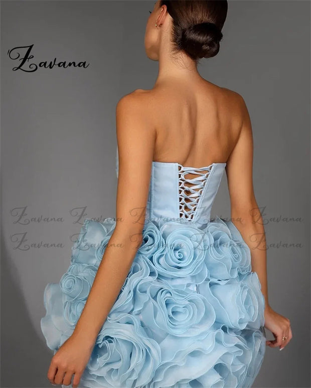 Zavana Delicate Tulle Flower Homecoming Dresses Sheath Strapless Backless Vestido De Noche Saudi Arabric Gala Muslim Customized