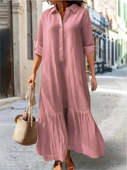 Cotton Linen Long Dress Women Long Sleeve Button Solid Color Casual Ruffles Loose Dresses Spring Autumn Comfortable Shirt Dress